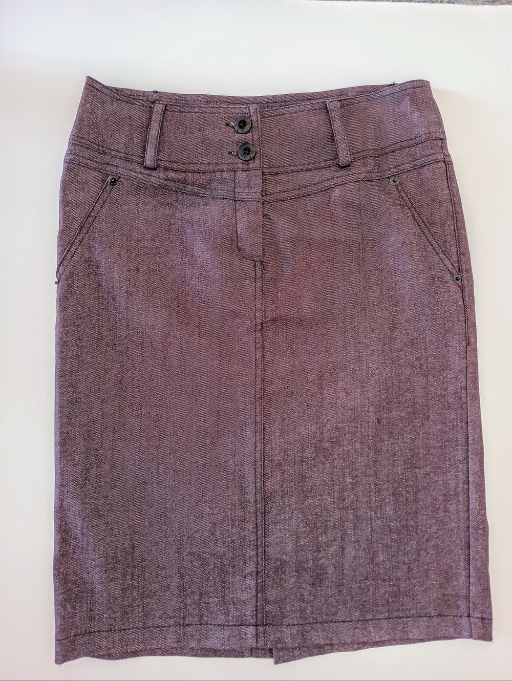 KIRA Dark Plum Stretch denim Pencil Skirt with Double-Button Front Sz 6-8 M